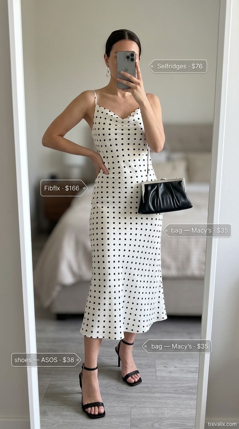 Modern Minimalist Evening: Summer Polka Dots Midi Outfits 2026 White polka dot midi dress, black heels, clutch for modern minimalist evening outfits 2026.