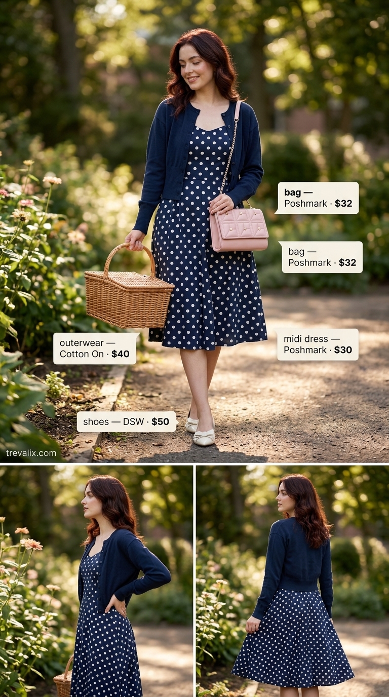 Preppy Picnic Perfection: Polka Dot Midi Outfits 2026 White navy polka dot midi dress with cardigan and ballet flats for picnic outfits 2026.