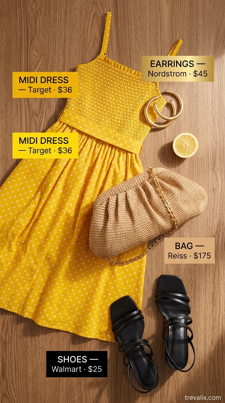 Tropical Sunset Soiree: Polka Dot Midi Outfits 2026 Yellow polka dot midi dress with black accents, raffia clutch for tropical vacation outfits 2026.