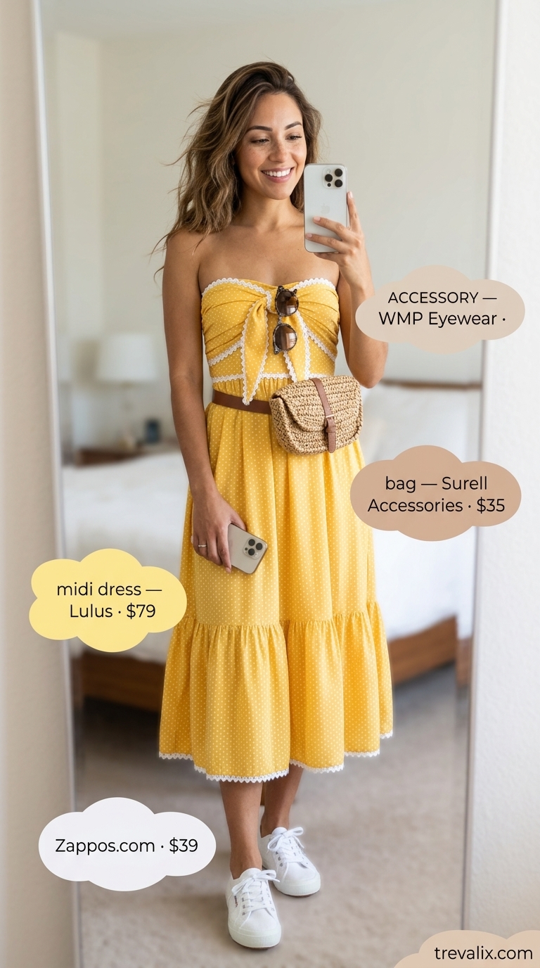 Joyful Polka Dot Midi Dress 2026 | Festival Fun Joyful sunny yellow polka dot midi dress for women 2026, perfect for festivals, styled with white sneakers and a straw belt bag.