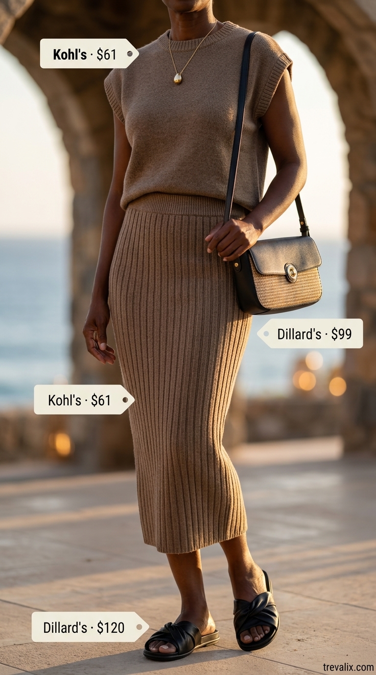 Modern cream knit co-ord set, black sandals, and straw bag for a summer resort outfit for women over 50 2026.