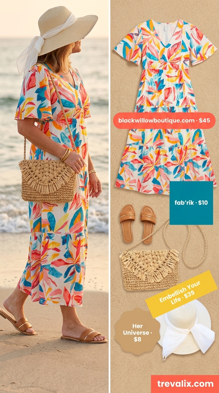 Summer resort outfit for women over 50 2026: Coral maxi dress, straw hat, embellished sandals for beach lunch.