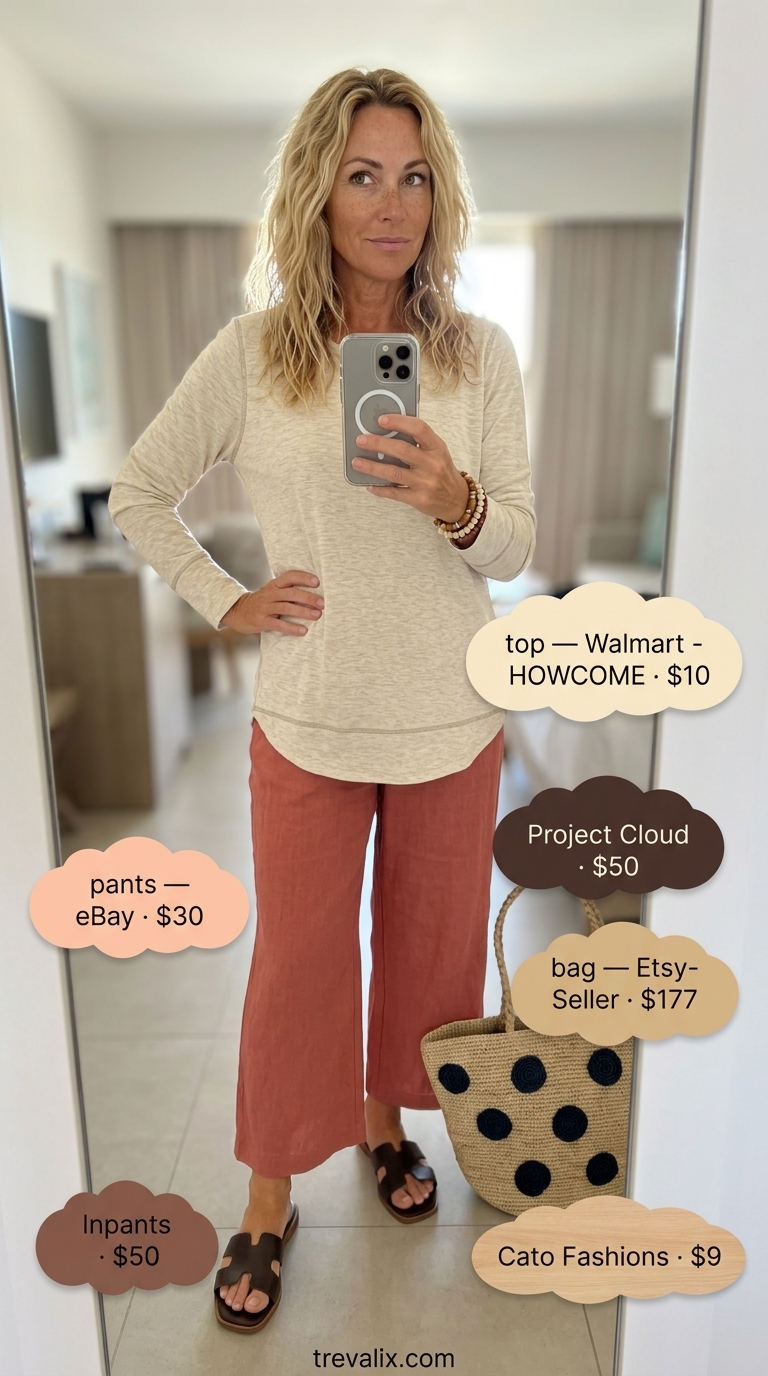 Summer resort outfit for women over 50 2026: Terracotta linen pants, cream tunic, brown slides, raffia tote for relaxed day out.