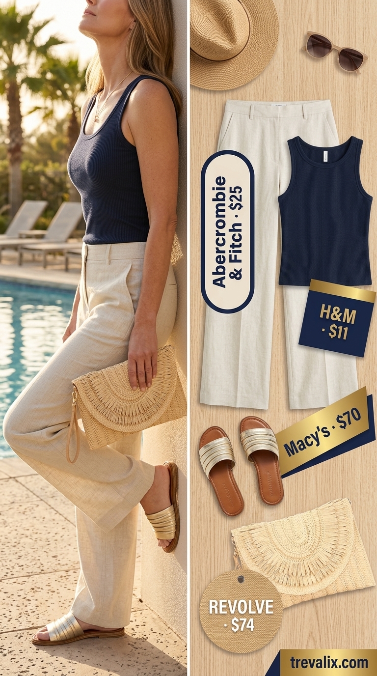 Summer resort outfit for women over 50 2026: Ecru linen pants, navy knit top, gold necklace for resort dinner.