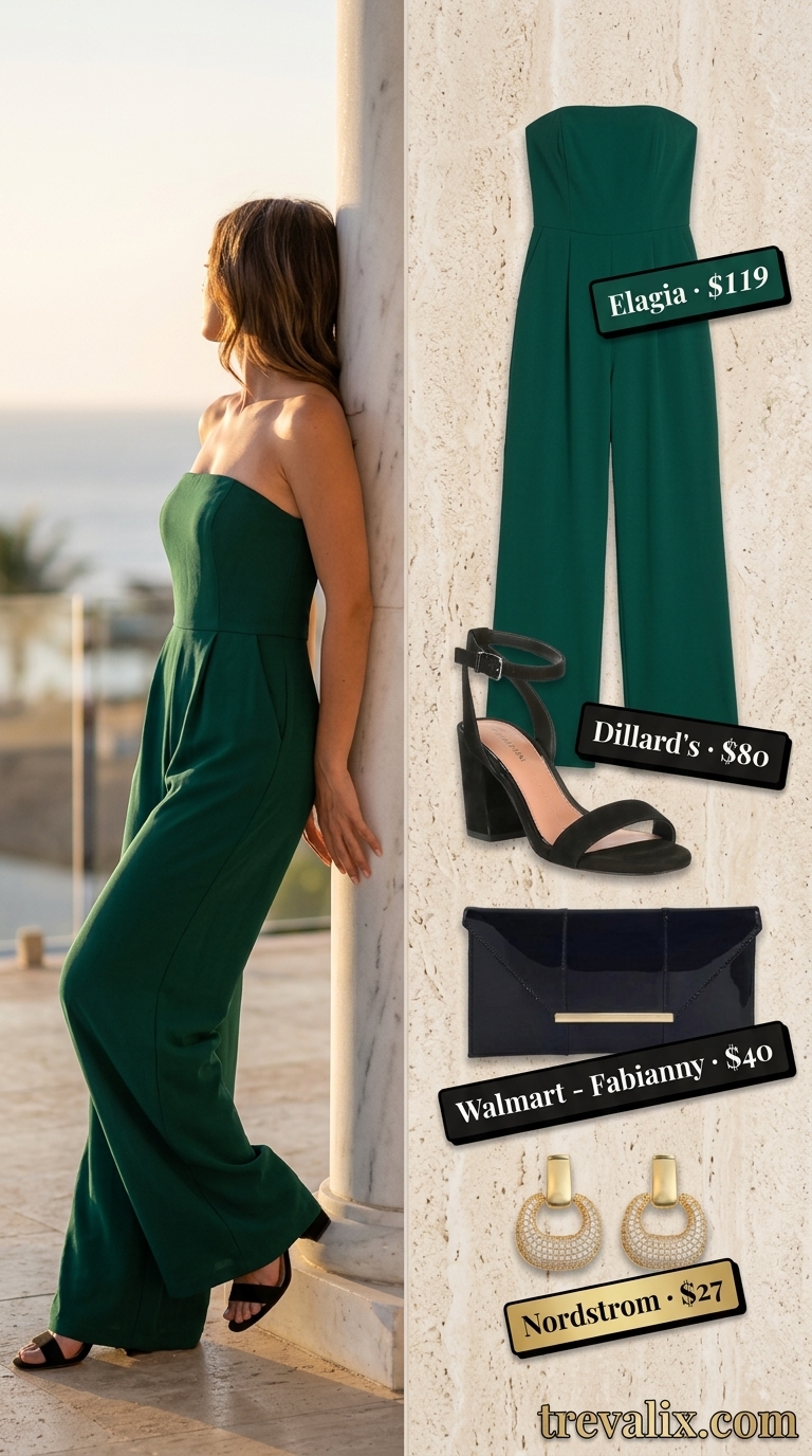 Summer resort outfit for women over 50 2026: Emerald green wide-leg jumpsuit, black heels, gold earrings for formal dinner.