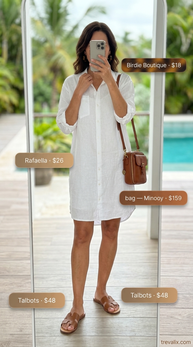 Polished white linen shirt dress, tan sandals, and crossbody bag for a summer resort outfit for women over 50 2026.
