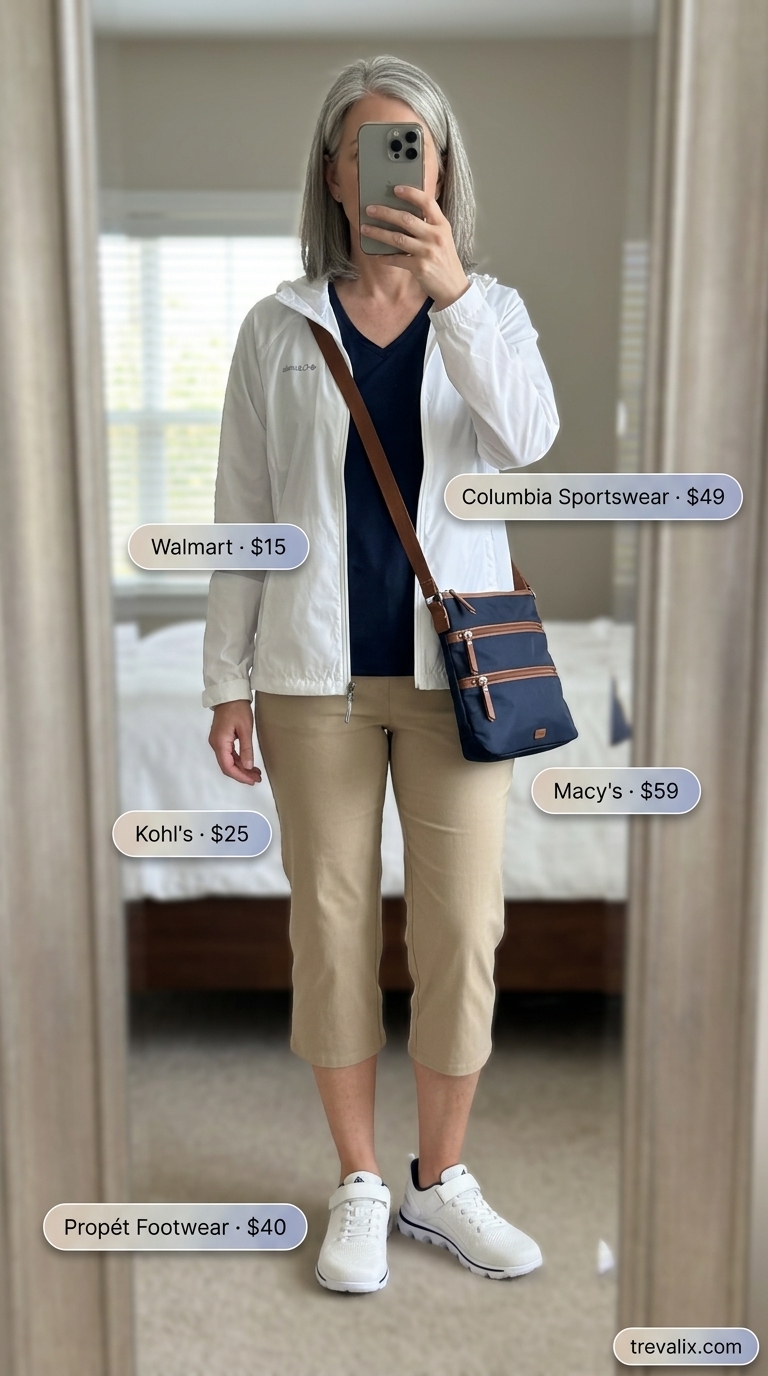 Summer resort outfit for women over 50 2026: Khaki capris, navy tee, white windbreaker for morning walk.