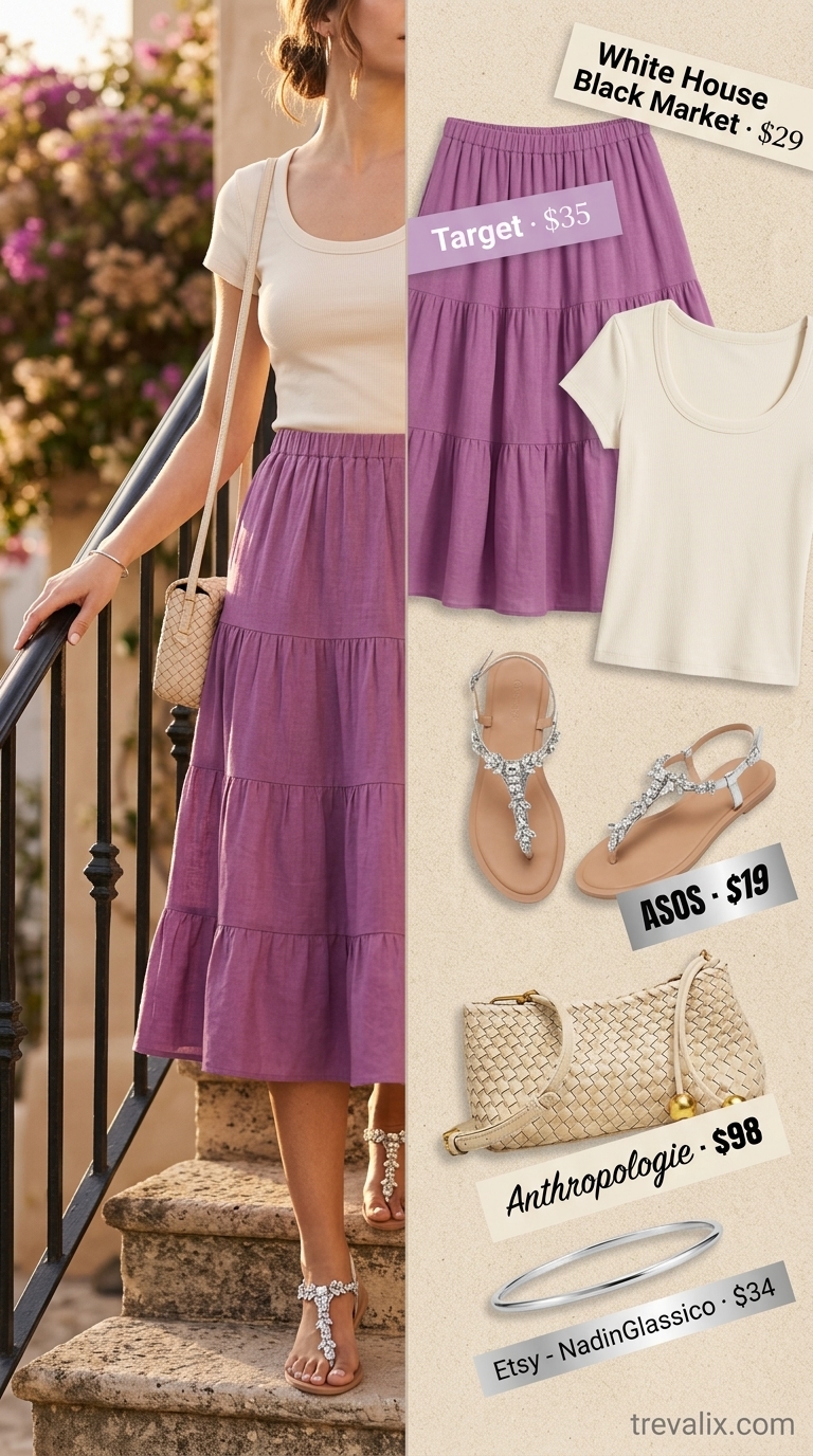Romantic lavender tiered midi skirt, cream knit top, and silver sandals for a summer resort outfit for women over 50 2026.
