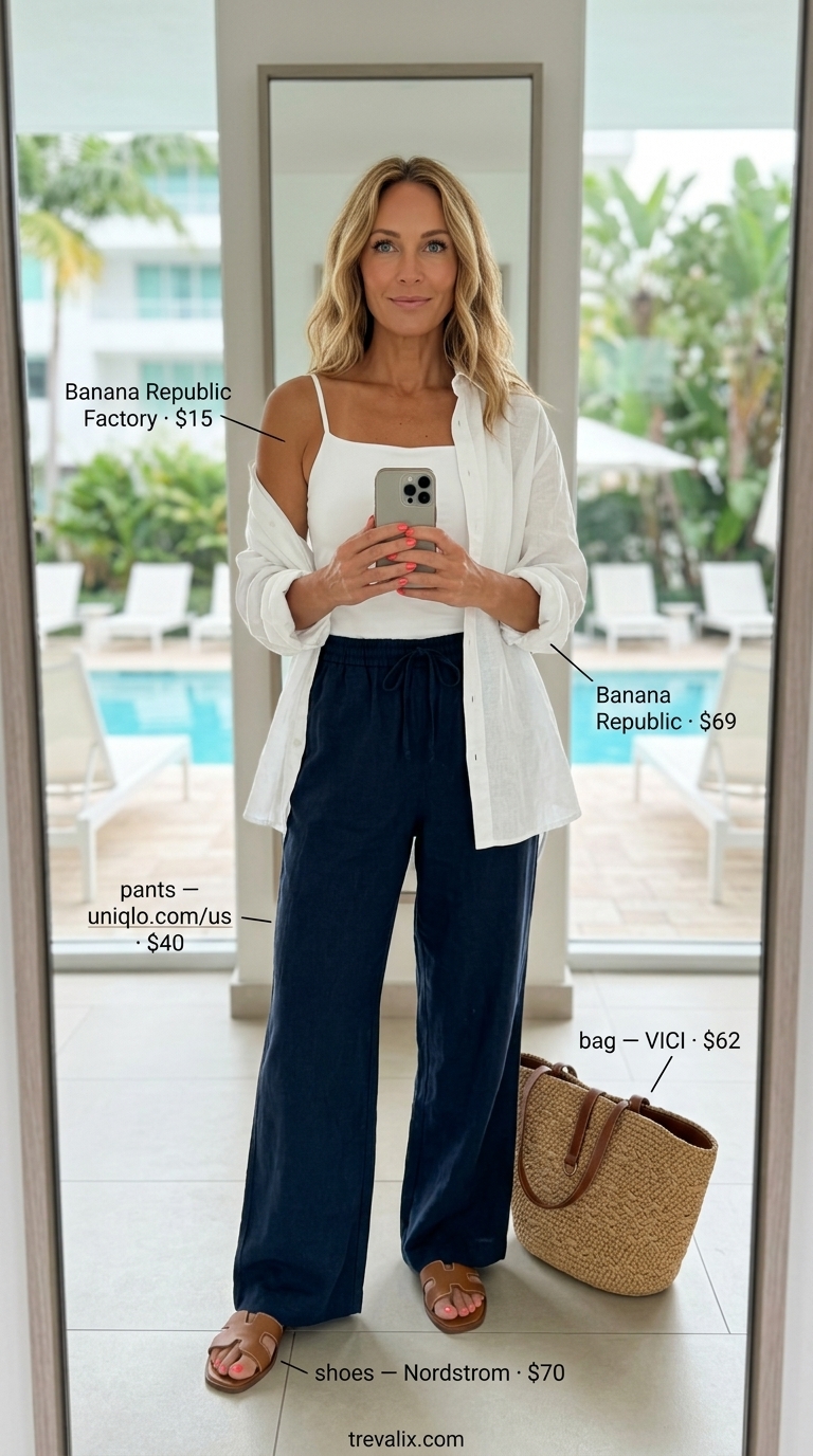 Summer resort outfit for women over 50 2026: Navy pants, white linen shirt, beige tote for elegant lunch.