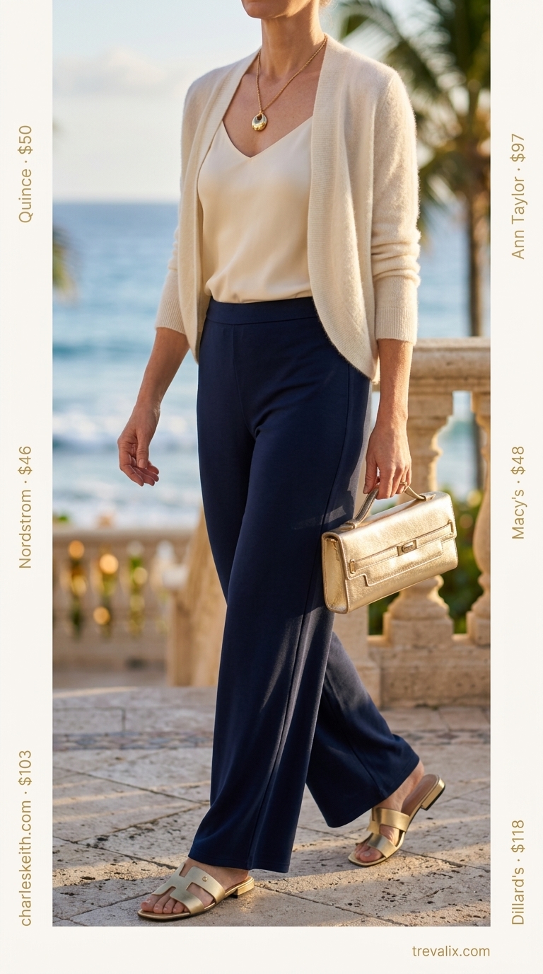 Summer resort outfit for women over 50 2026: Navy wide-leg trousers, cream camisole, gold sandals for evening event.