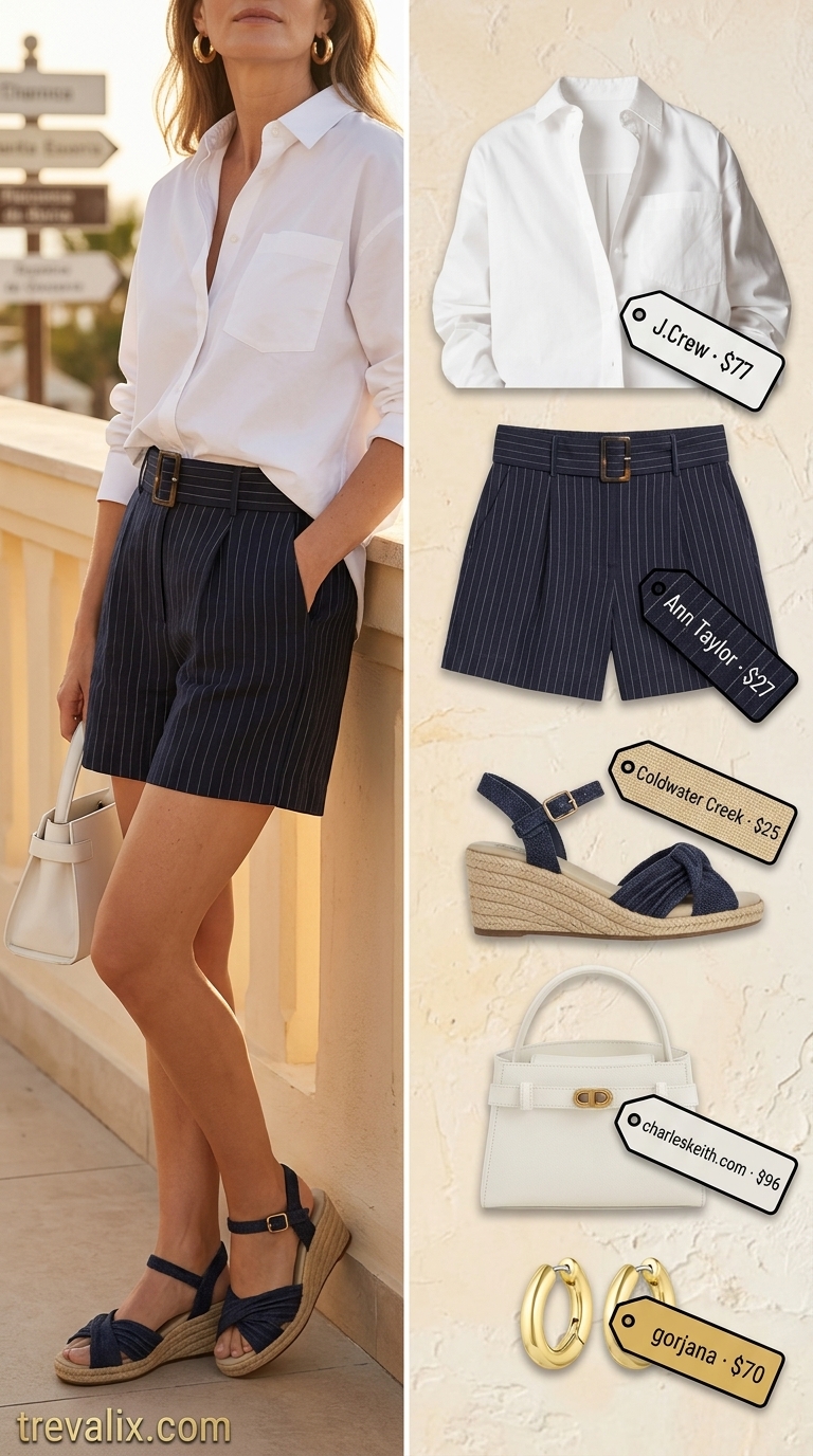 Summer resort outfit for women over 50 2026: Navy shorts, white shirt, espadrilles, gold hoops for resort brunch.