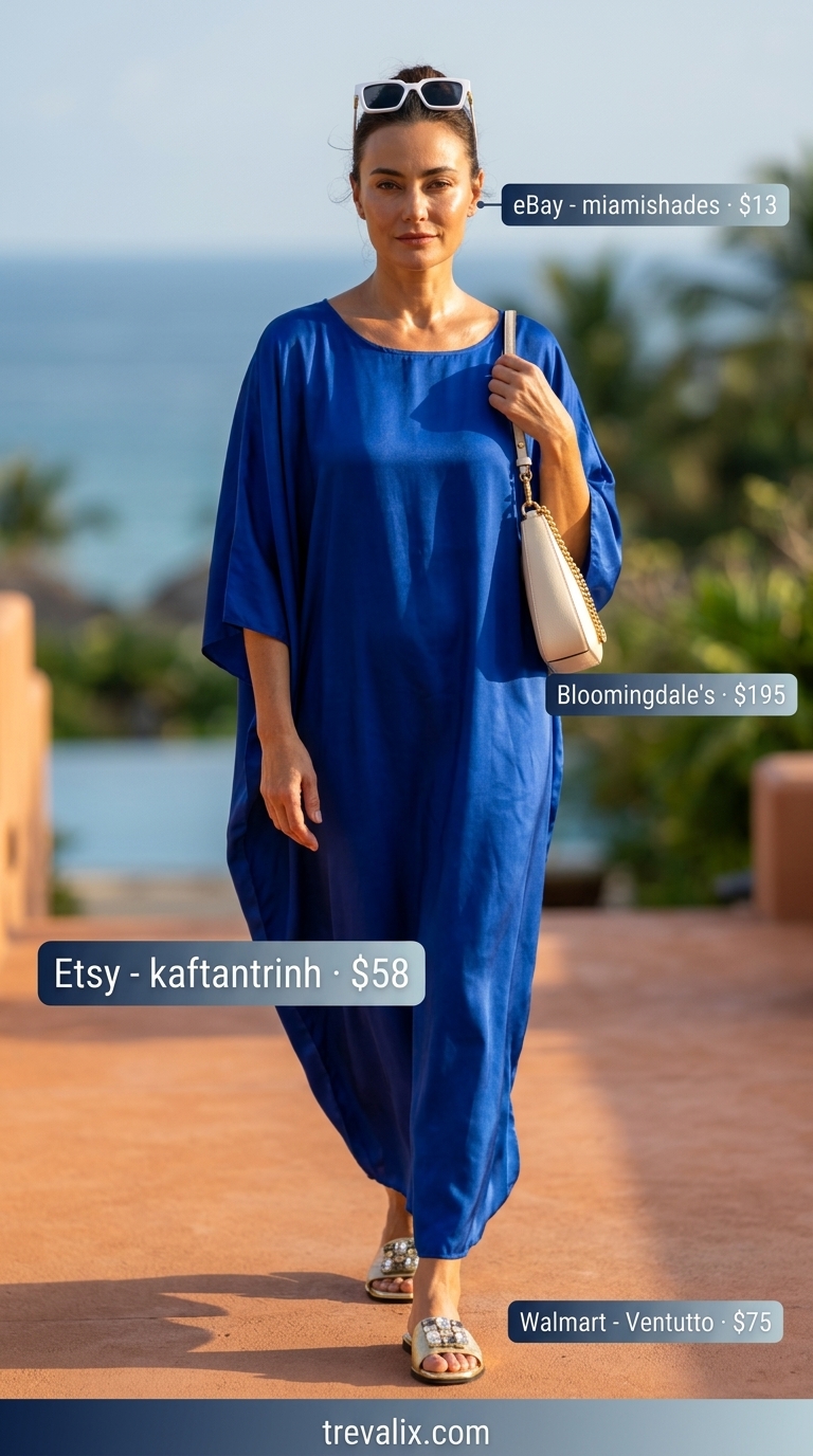 Summer resort outfit for women over 50 2026: Sapphire blue silk caftan, gold sandals, white sunglasses for poolside.