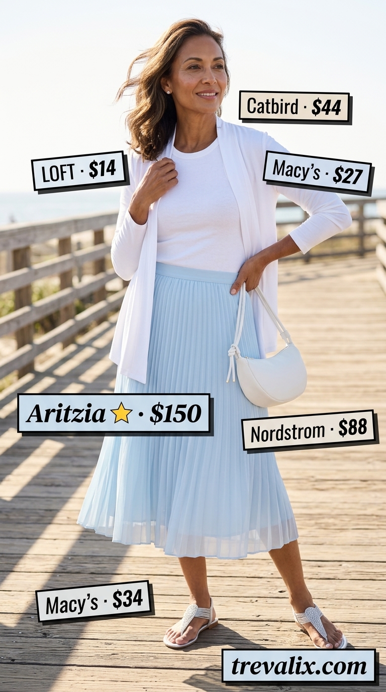 Serene sky blue pleated midi skirt, white knit top, and cardigan for a summer resort outfit for women over 50 2026.