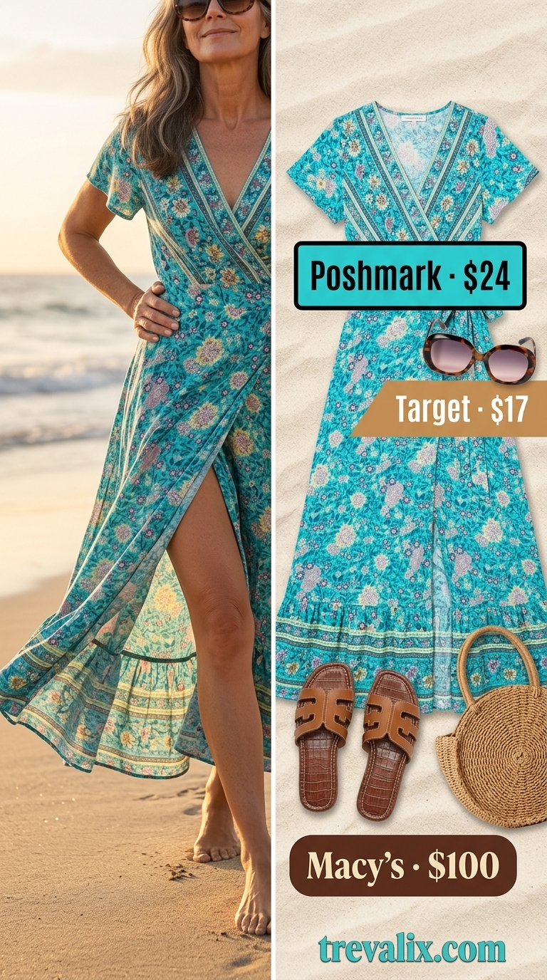Vibrant turquoise tropical print maxi dress, straw hat, and leather sandals for a summer resort outfit for women over 50 2026.
