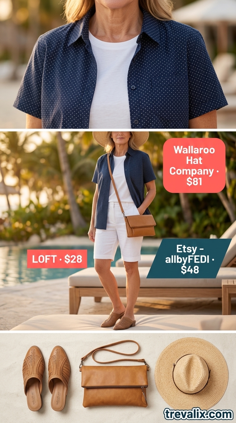 White Bermuda shorts outfit for women over 50 2026: Linen shorts, navy shirt, tan mules, and straw hat.