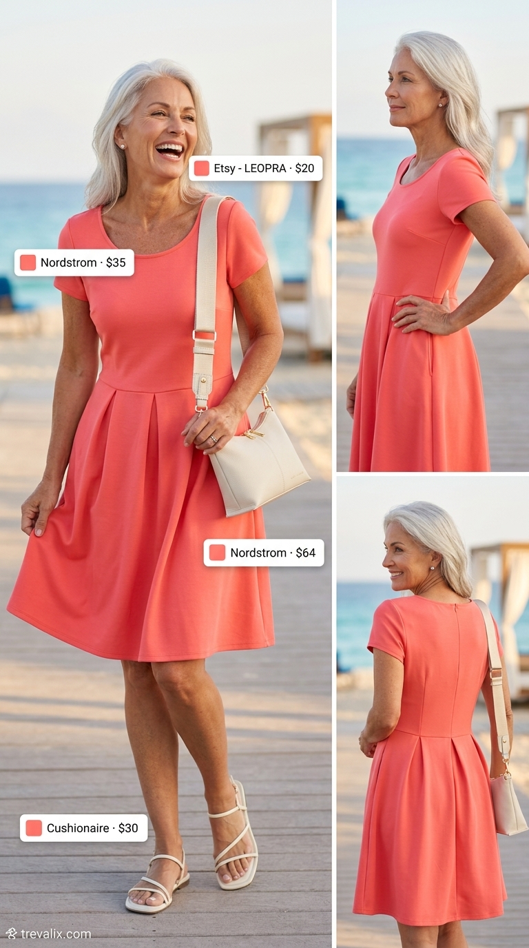Coral resort outfit for women over 50 2026: Knee-length coral dress, white sandals, silver earrings, and white crossbody bag.
