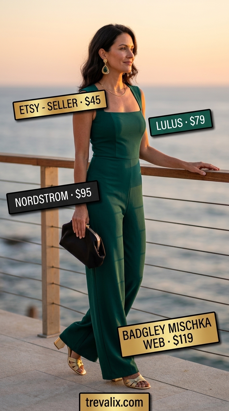 Emerald green jumpsuit for women over 50 2026: Wide-leg jumpsuit, gold block heels, black clutch, and statement earrings.