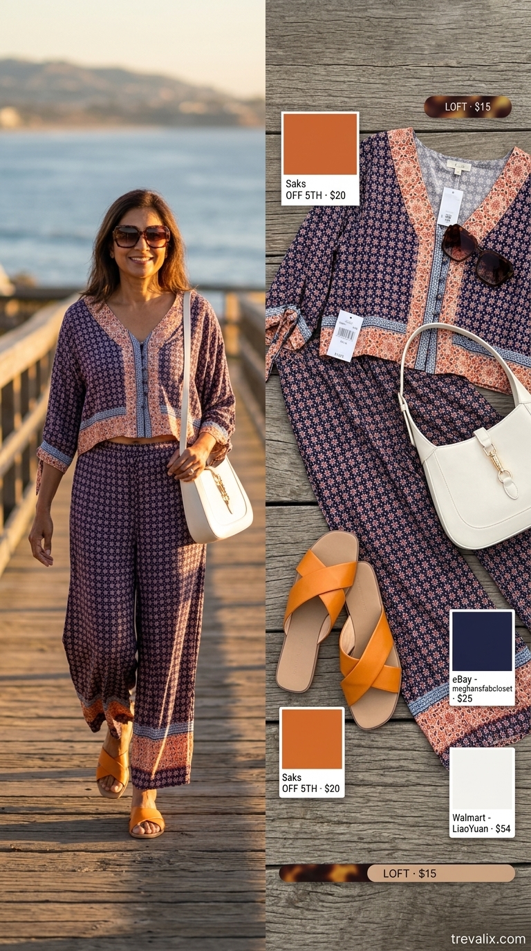 Navy geometric co-ord set for women over 50 2026: Button-down top, wide-leg pants, burnt orange slides, and white shoulder bag.