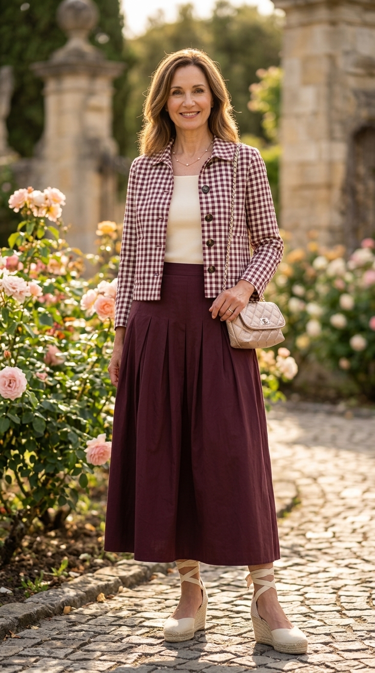 Lavender midi skirt outfit for women over 50 2026: Flowy skirt, cream tank, espadrilles, and rose gold bag.