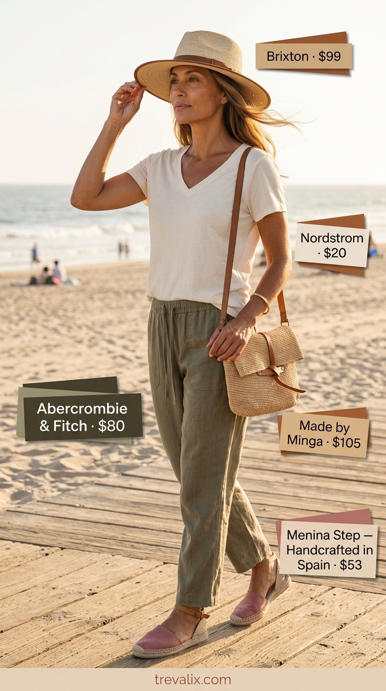 Khaki linen pants outfit for women over 50 2026: Linen trousers, cream tee, terracotta espadrilles, straw hat, and woven bag.