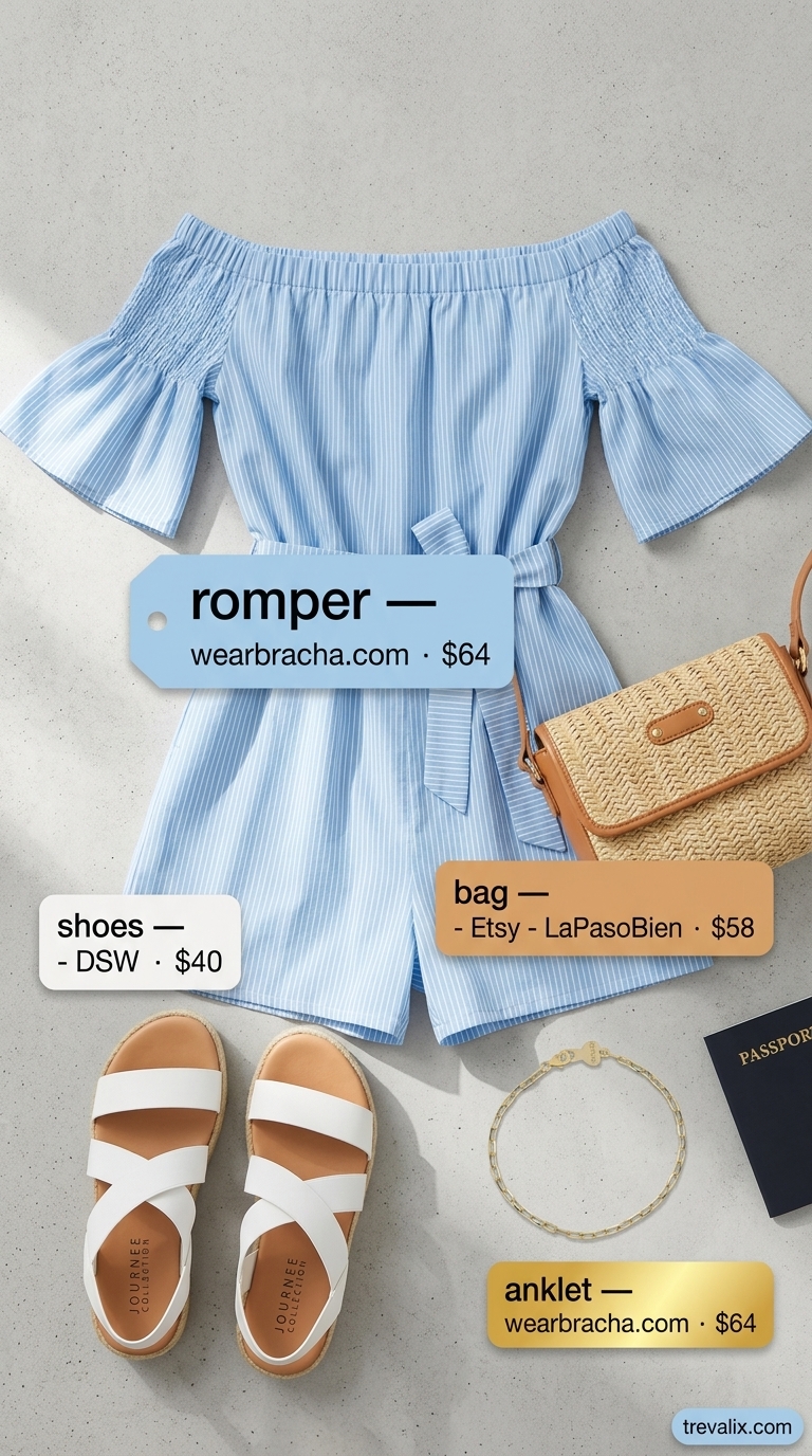 Sky blue linen romper for women over 50 2026: Collared romper, white espadrilles, gold anklet, and straw crossbody.