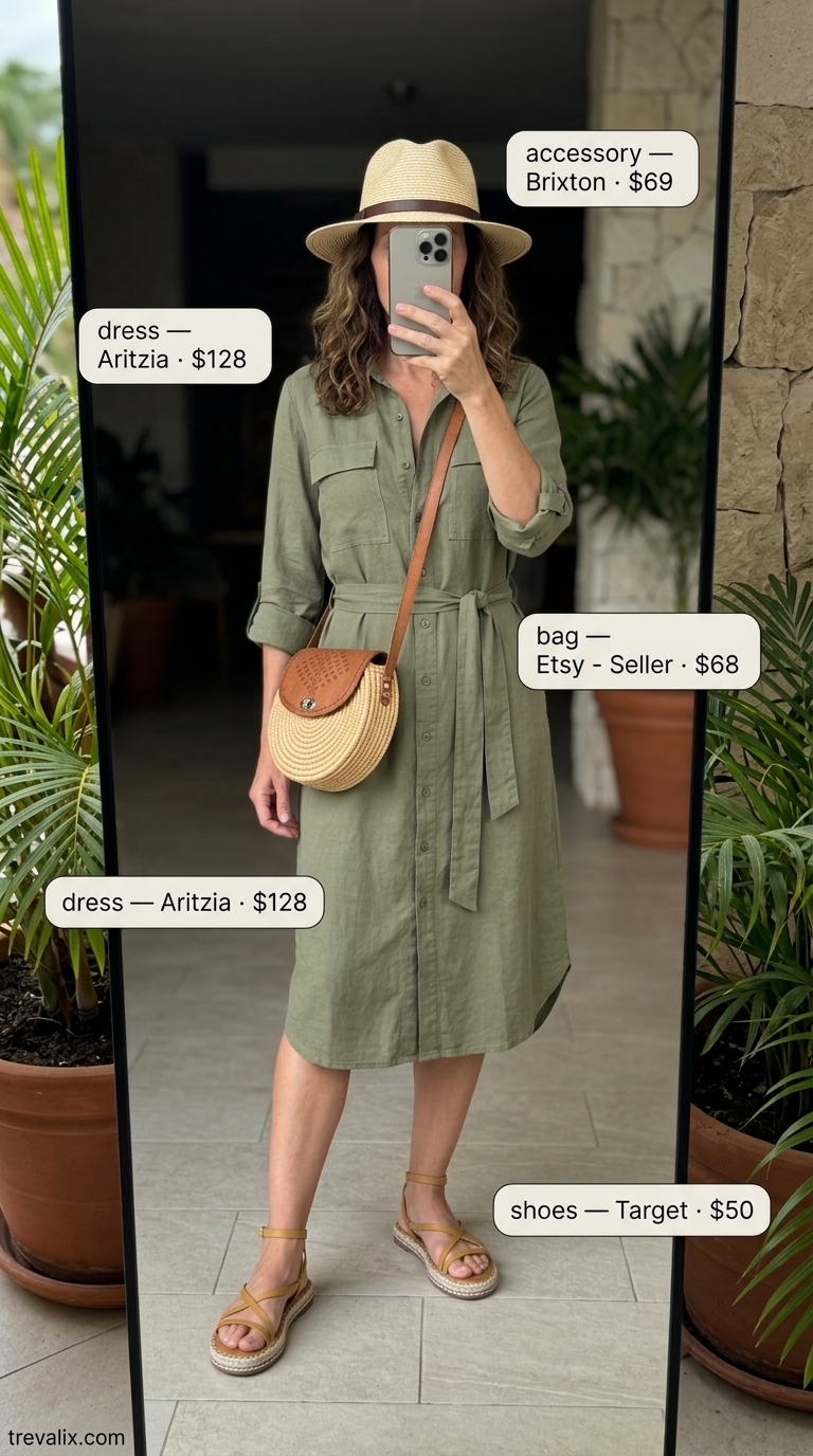Khaki safari dress for women over 50 2026: Utility midi dress, tan espadrilles, straw fedora, and woven crossbody bag.