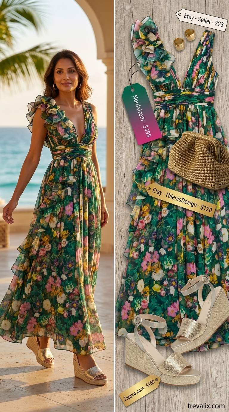Tropical maxi dress for women over 50 2026: Flowy dress, wedge espadrilles, gold hoops, and woven clutch.