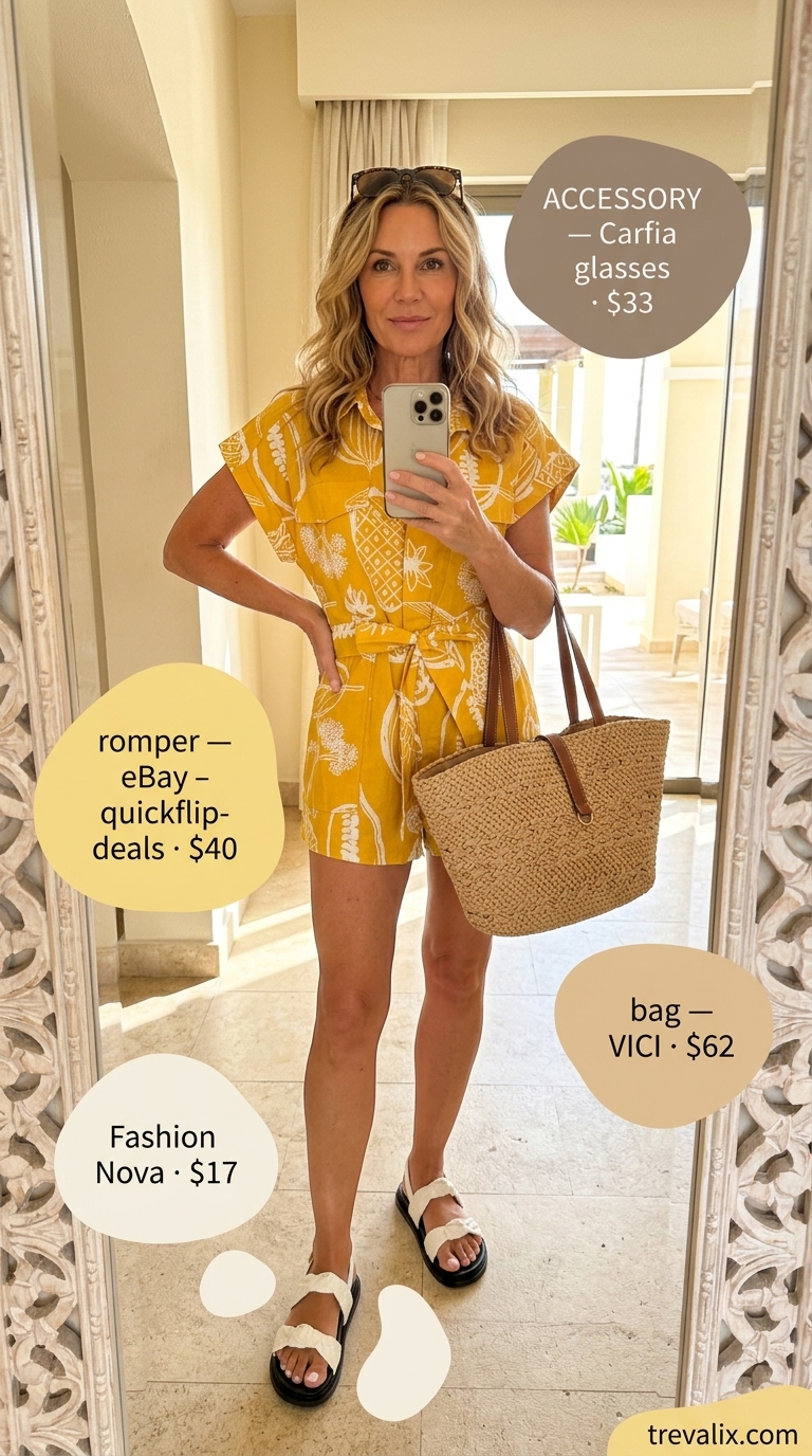 Yellow linen romper for women over 50 2026: Relaxed romper, white slides, straw tote, and tortoise sunglasses.