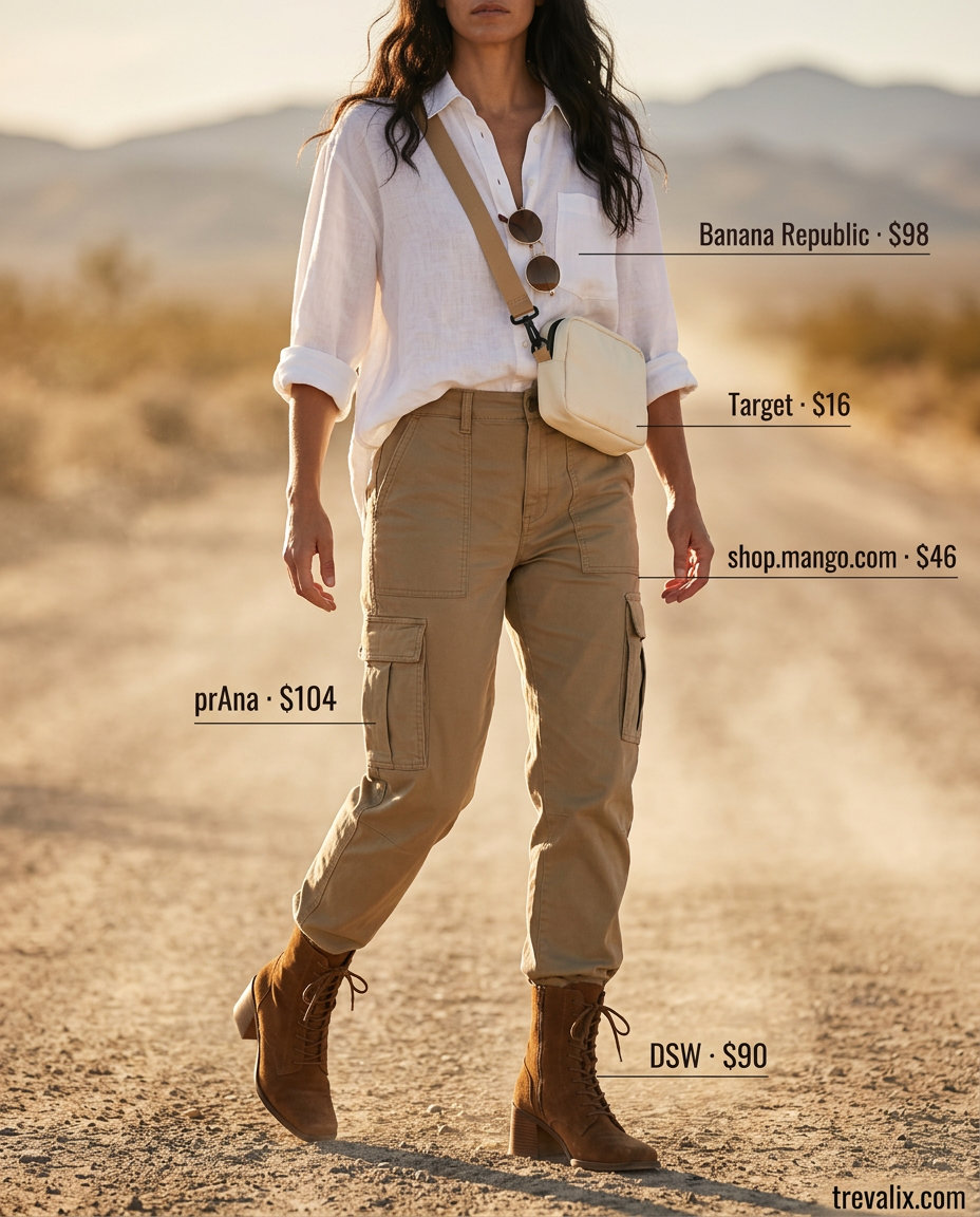Adventurous khaki cargo pants, oversized linen shirt, and combat boots for summer road trip outfits for women 2026.