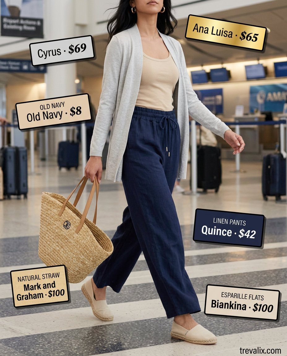 Navy linen pants, cream tank, and straw tote for summer road trip outfits for women 2026. Chic and comfortable.
