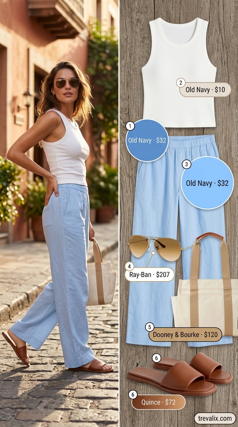 Light blue linen pants, white tank, and canvas tote for summer road trip outfits for women 2026. Relaxed coastal style.