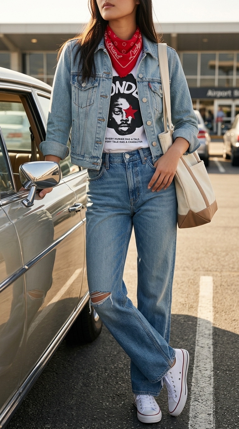 Cool blue denim jeans, graphic tee, denim jacket, and sneakers for summer road trip outfits for women 2026.