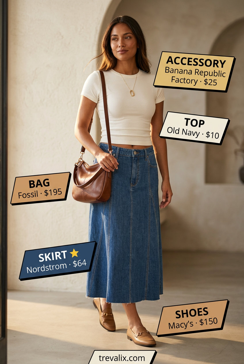 Polished denim midi skirt, white knit top, loafers, and crossbody bag for summer road trip outfits for women 2026.