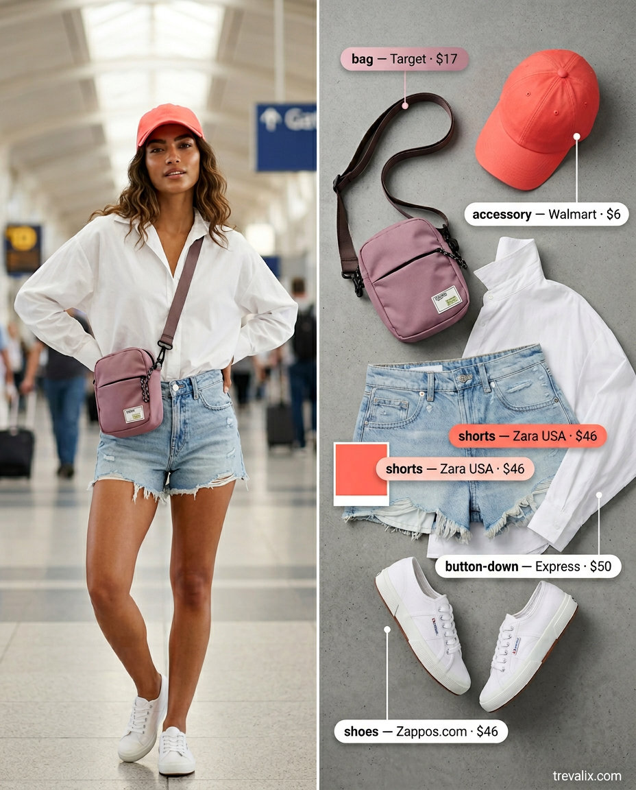 Casual summer road trip outfits for women 2026: denim shorts, white oversized shirt, coral crossbody bag.