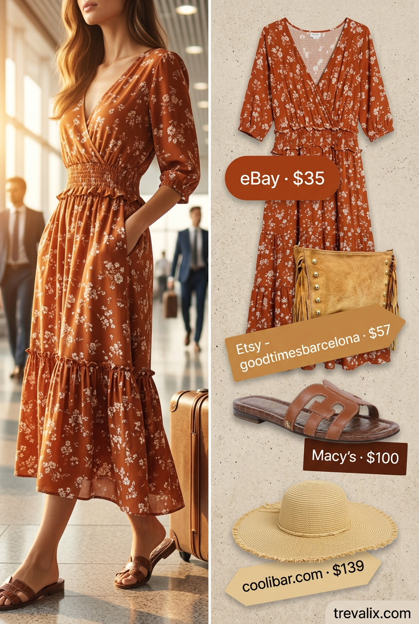 Rust orange floral maxi dress, straw hat, and leather sandals for summer road trip outfits for women 2026. Bohemian romance.