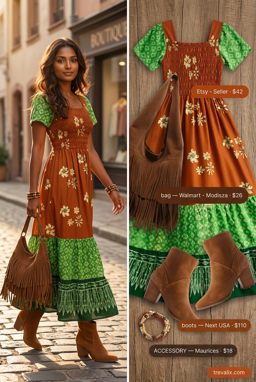 Rust orange maxi dress, suede boots, and hobo bag for summer road trip outfits for women 2026. Bohemian vibe.