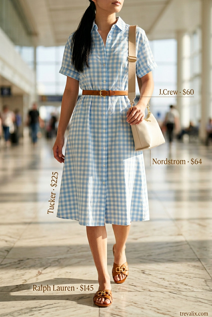 Relaxed light blue gingham shirt dress with tan sandals and crossbody bag for summer road trip outfits for women 2026.