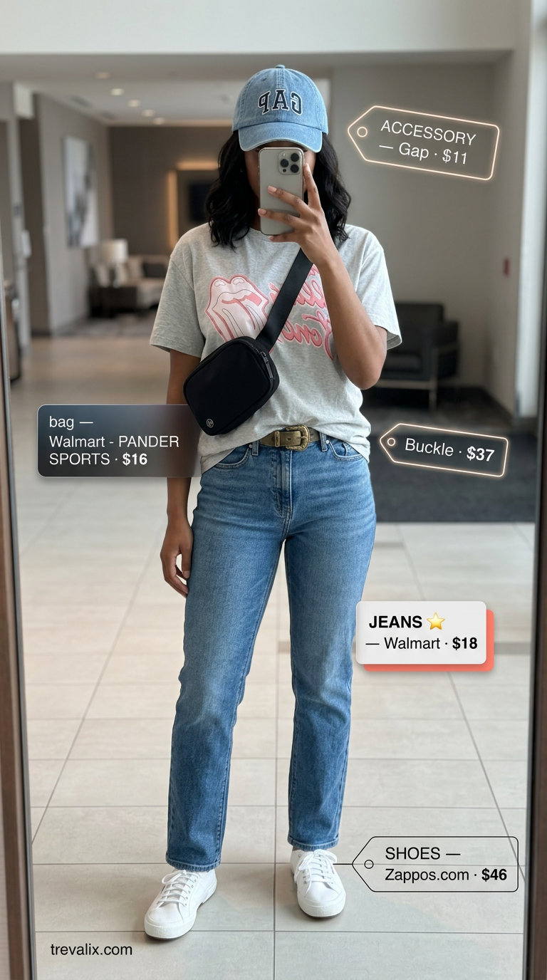 Comfortable summer road trip outfits for women 2026: graphic tee, straight leg jeans, baseball cap.