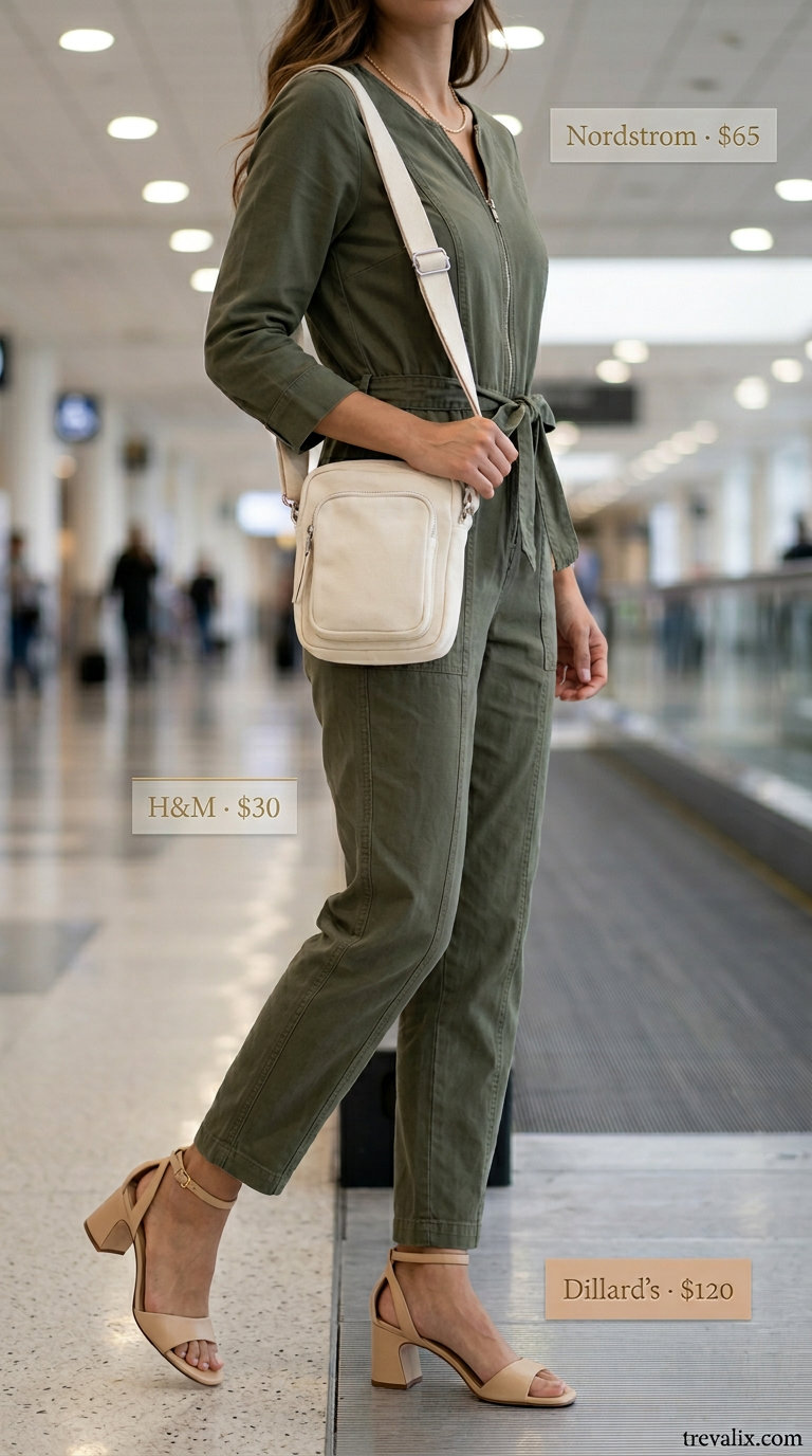 Chic khaki utility jumpsuit with tan block heels and cream crossbody bag for summer road trip outfits for women 2026.