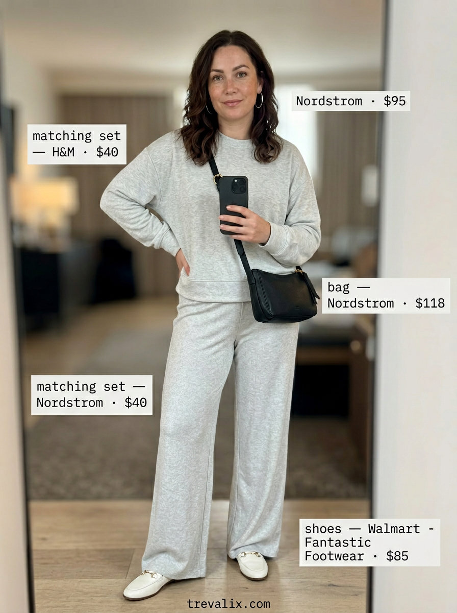 Sophisticated summer road trip outfits for women 2026: knit set, leather loafers, crossbody bag.