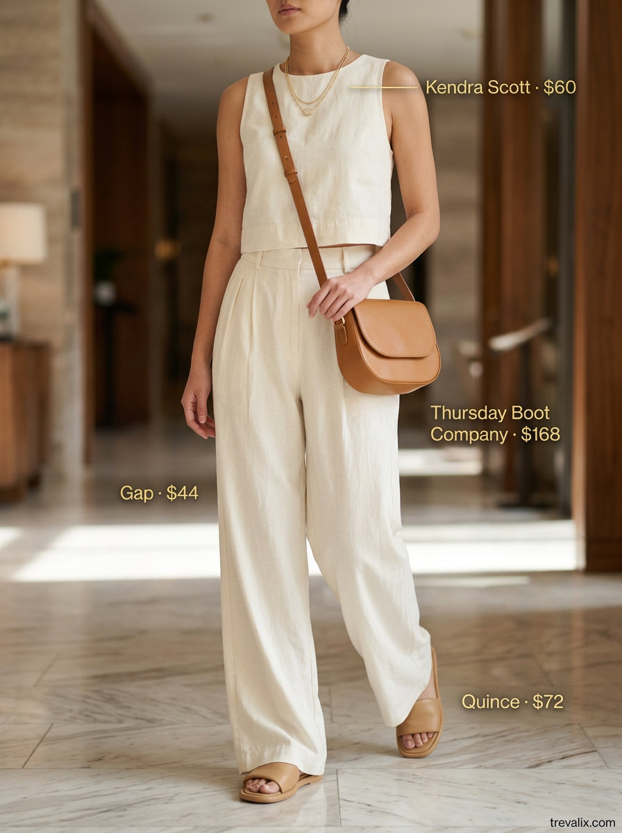 Chic summer road trip outfits for women 2026: linen matching set, leather slides, crossbody bag.