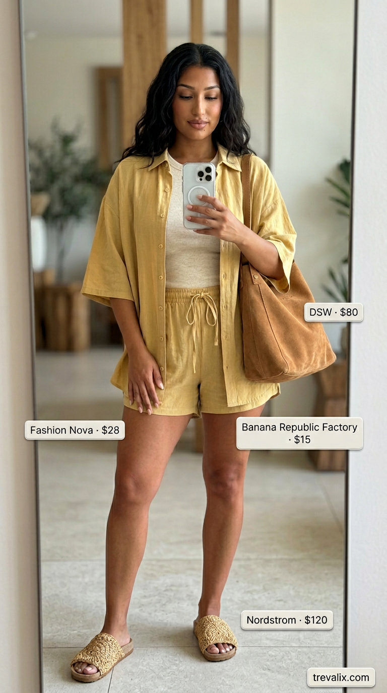 Terracotta linen shorts set with cream tank and woven slides for summer road trip outfits for women 2026.