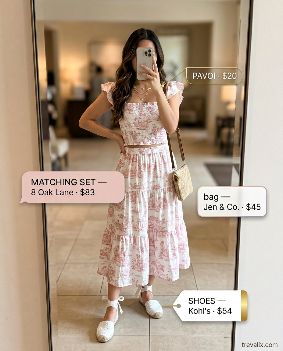 Feminine blush pink floral midi skirt set with white espadrilles and gold necklaces for summer road trip outfits for women 2026.