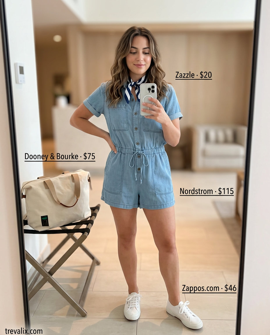 Casual summer road trip outfits for women 2026: romper, canvas sneakers, tote bag.