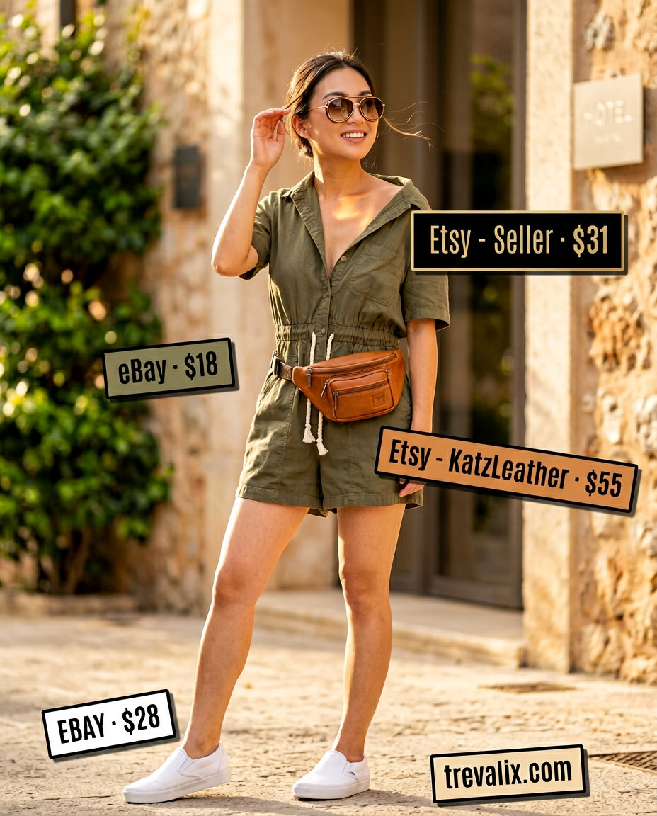 Olive green utility romper, tan belt bag, and aviators for summer road trip outfits for women 2026. Playful and fun.