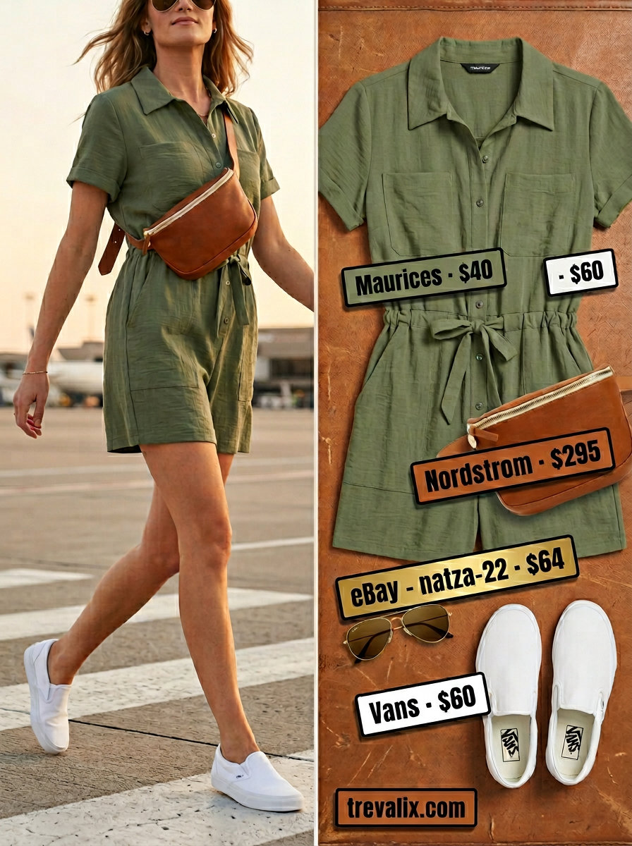 Olive green utility romper with tan belt bag and aviators for summer road trip outfits for women 2026.