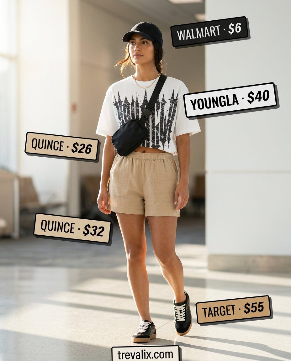 Casual summer road trip outfits for women 2026: linen shorts, graphic tee, belt bag.