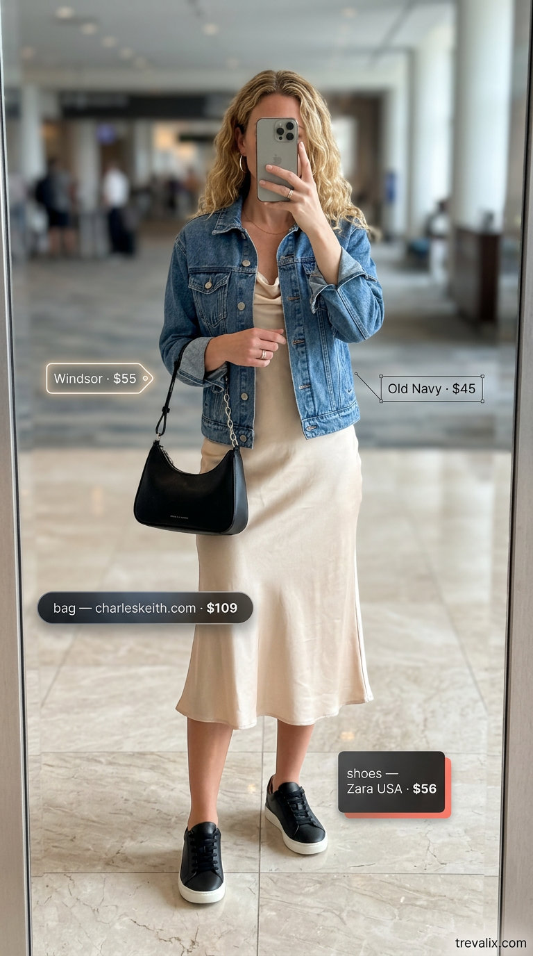 Champagne slip dress, denim jacket, and sneakers for summer road trip outfits for women 2026. Edgy glam evening look.