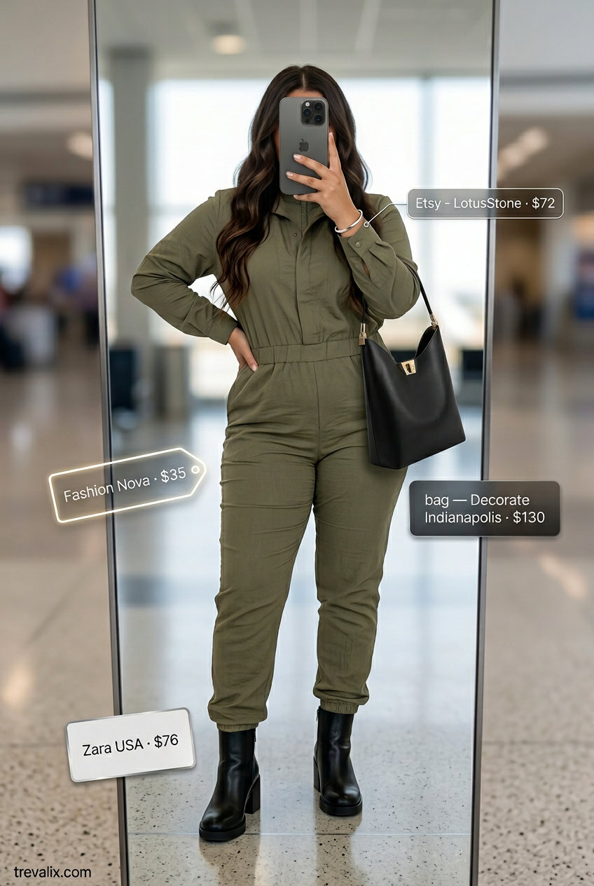 Chic khaki utility jumpsuit with black ankle boots and tote for summer road trip outfits for women 2026.