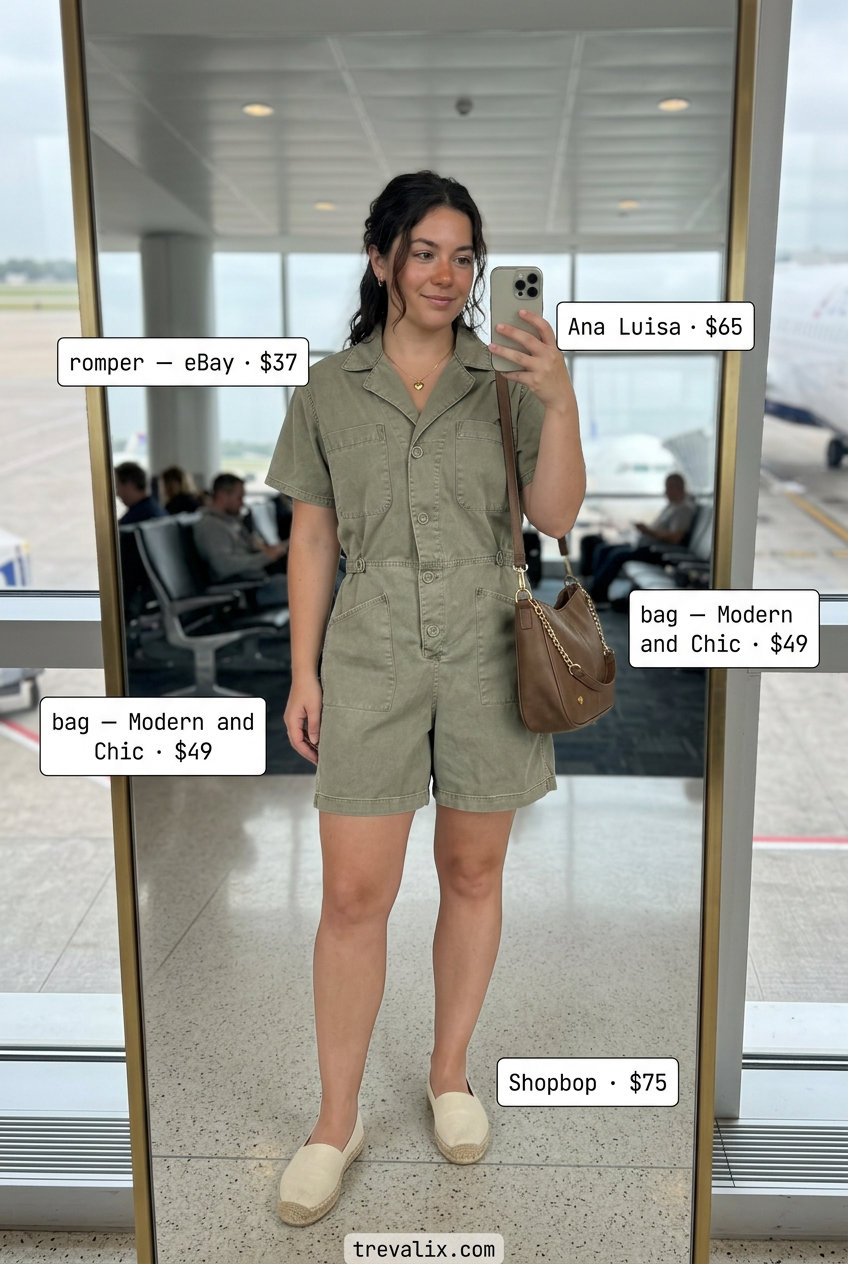 Stylish khaki utility romper with white espadrilles and crossbody bag for summer road trip outfits for women 2026.